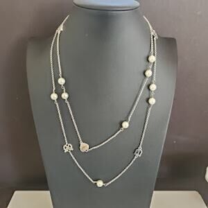 Juicy Couture Silver Tone Faux Pearl Rhinestone Heart Bow Long Layering Necklace